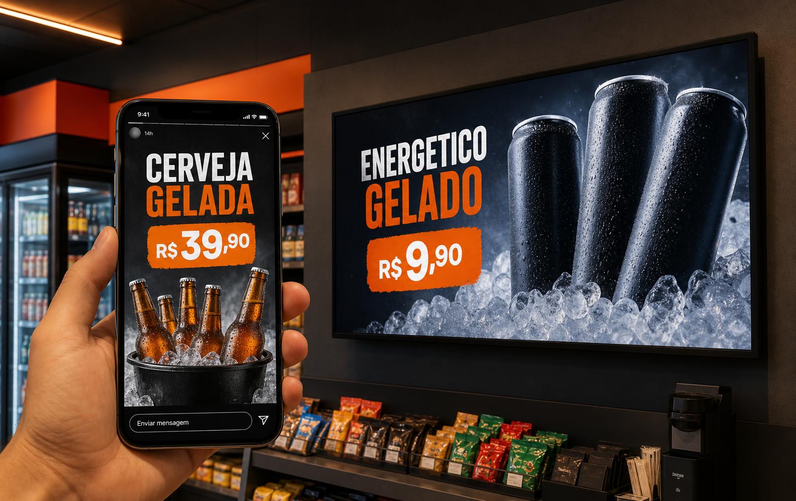 Story vertical e vídeo horizontal de oferta exibidos em celular e TV